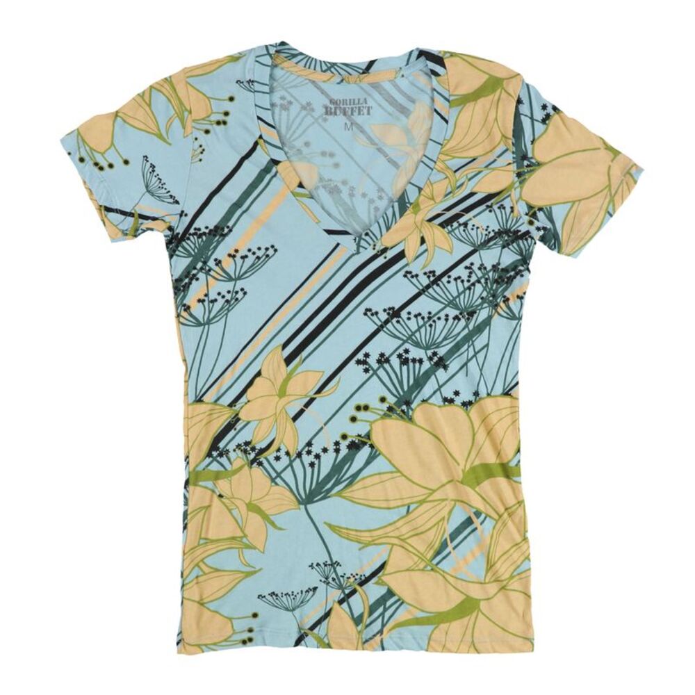 Gorilla Buffet Womens Flowers And Stripes Graphic T-Shirt, NWT